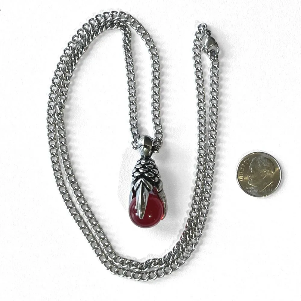 Red Crystal Ball Claw Pendant Necklace Talon Orb Fantasy Stainless Steel Mens